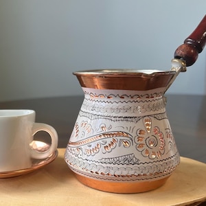 Handmade Engraved Copper Coffee Pot: Traditional Cezve, Brass Handle