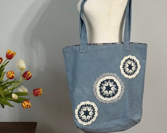 Denim Tote Bag, Tote Bag, Shoulder Bag, Crochet Bag, Handmade Bag, Washable, Every Day use.