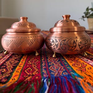 Hand Hammered Copper Bowl: Engraved Candy Dish with Brass Legs