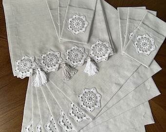 Linen Table Runner Set with 6 Placemats and 6 Cutlery Holder, Linen, Handmade, Crochet Table Runner, Great Housewarming Gift