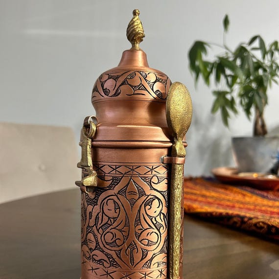 Handmade Anatolian Copper Coffee Jar: Engraved Coffee Container with Brass Spoon