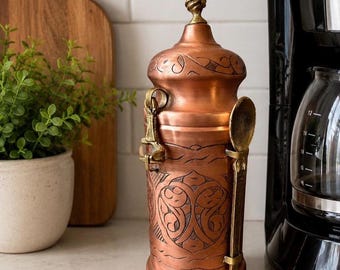 Handmade Anatolian Copper Coffee Jar: Engraved Coffee Container with Brass Spoon