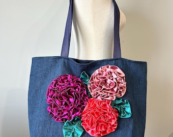 Denim Tote Bag with Sateen Flower Applique: Handmade Everyday Bag