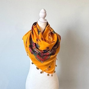 Traditional Scarf, Floral Scarf , Ethnic Scarf, large scarf, Anatolian Design, Kurdish Scarf with Sequin or evil eye edges.