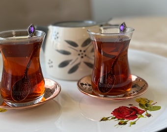 Traditional Glass Tea Set with Copper Saucer, Hammered Copper, 7th Anniversary Gift, Tea Lover's, Home and Kitchen Decor, Housewarming Gift