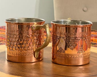 Handmade Hammered Engraved Copper Moscow Mule Mug - Tinned Lining