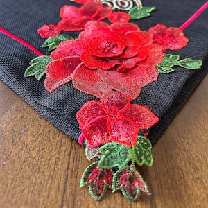 Linen Table Runner with Rose Applique, Handmade, Rose Design, Black Table Runner, Home Decoration, Table Decoration, Unique