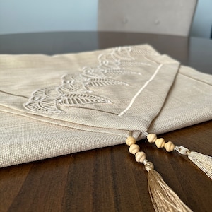 Handmade Linen Table Runner: Gold Beige Guipure Lace, Wooden Bead Fringe