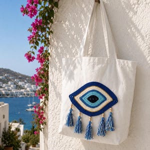 Tote Bag with a Sequin Hamsa Hand / Evil Eye Patch. Cotton Light Blue, Handmade