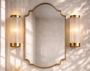 Luxury Scalloped Brass Mirror – Handmade Moroccan Shield Vanity Wall Mirror, Custom Size Available
