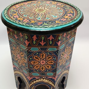 Blue Moroccan Round Side Table – Handmade Wood Coffee Table | Small Rustic End Table | Hand-Painted Moroccan Table | Afritoart Decor