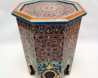 Rustic Wooden Plant Stand Table | Moroccan Hand Painted Side Table | Boho Bedside Table | Solid Wood Marrakech Decor