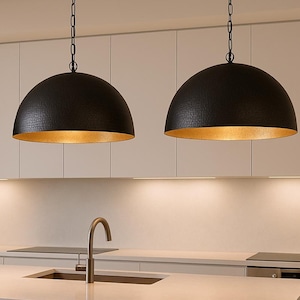 Handmade Moroccan Brass Dome Pendant Light: Black & Gold Hammered Ceiling Lamp