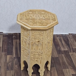 Hand-Carved Moroccan Arzwood Side Table – “Afritoart” | Artisan Wooden Coffee Table from Marrakech, coffee tea table, corner table