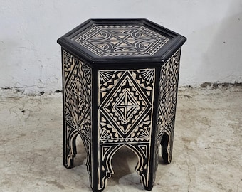 Hnadmade Handmade Moroccan Carved Wood Table: Black Hand-Painted Coffee Table