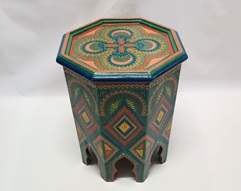 Moroccan Coffee Table | Hand Painted Solid Wood | Octagonal Rustic Accent Table | Boho Living Room Decor Marrakech