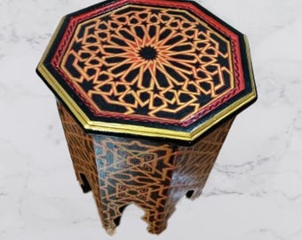 Red Moroccan octagonal coffee table, handmade side table, boho accent table, solid wood end table, small coffee table decor, home decor gift