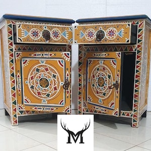 Comodino arabo dipinto a mano giallo – Comodino giallo, arredamento in stile marocchino, tavolino artigianale, tavolino da caffè