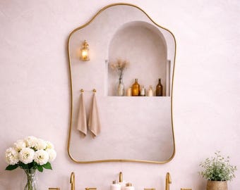 Handcrafted Moroccan Shield Mirror, Scalloped Unlacquered Brass Vanity