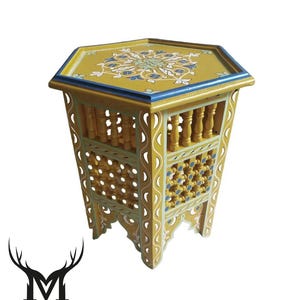 Handmade Moroccan Wood Coffee Table – Boho Hexagonal Accent Table, Hand-Painted Rustic Side Table, Artisan Furniture, Corner mousharabi