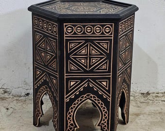 Hnadmade Handmade Moroccan Carved Wood Side Table: Black Hand-Painted Accent Table