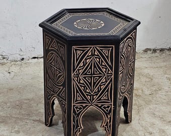 Handmade Moroccan black wooden table, carved coffee table, solid wood side table, boho accent table, unique home decor gift.