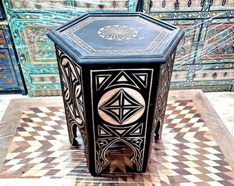 Handmade Moroccan black wooden table, carved coffee table, solid wood side table, boho accent table, unique home decor gift.