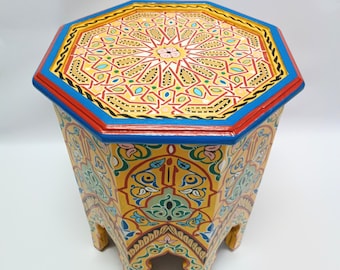 Hnadmade Moroccan Wood Painted Coffee-Side-Corner Table, Floral and Geometric Lining design, Andalusian -Moorish Style