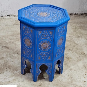 Blue hand carved Handmade Moroccan Coffee Table – Octagonal Wooden Side Table | Hand-Painted Small Table | Marrakech Decor | Accent Table