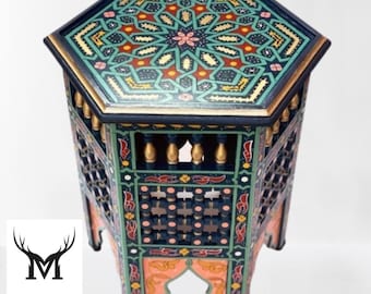 Hnadmade Handmade Moroccan Wood Side Table, Hexagonal Hand-Painted Moorish Furniture