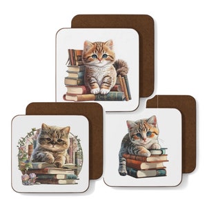 Kitty, Cat and books reader coasters