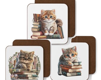 Kitty, Cat and books reader coasters
