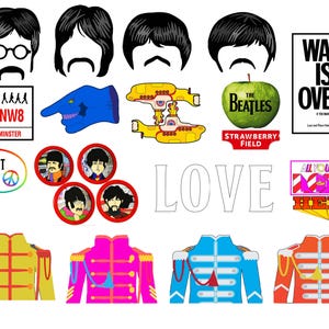 Puede incluir: Una colección de imágenes con temática de los Beatles, que incluye un submarino amarillo, una manzana roja con "The Beatles" escrito en ella y un cartel que dice "Strawberry Field". También hay imágenes de los miembros de la banda, un símbolo de la paz y las palabras "Let It Be" y "Love".