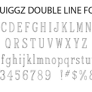 May include: A font alphabet with uppercase and lowercase letters, numbers, and punctuation marks. The font is a double line style, with each letter and number outlined in two lines.