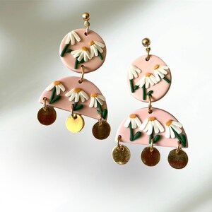 Layered Pink Flower Earrings | Dangle Earrings | Polymer Clay Earrings | Gold Earrings