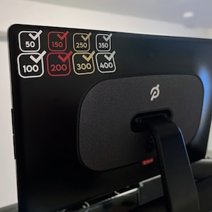 May include: Black and white screen with a black and gray speaker on the right side. The screen has a white sticker with checkmarks and numbers 50, 100, 150, 200, 250, 300, 350, and 400. The screen has a black and white logo of a stylized letter P.