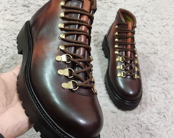 Handmade Leather Hiker Boots With Speed Hooks and Two tone Color in Pure Leather and Vibram Sole Personalize Your Style Etsy