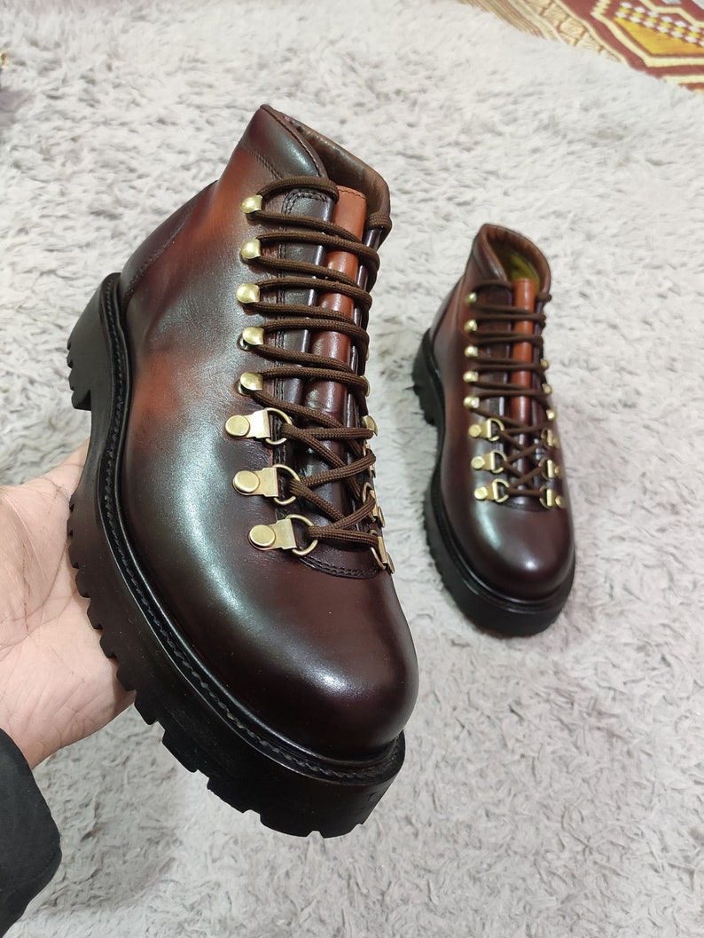 Handmade Leather Hiker Boots With Speed Hooks and Twotone Color in
