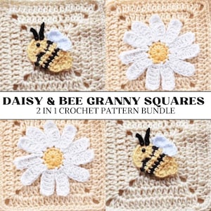 May include: Two crochet granny squares, one with a yellow and black bee and the other with a white daisy. The squares are beige and the text "DAISY & BEE GRANNY SQUARES 2 IN 1 CROCHET PATTERN BUNDLE" is below the squares.