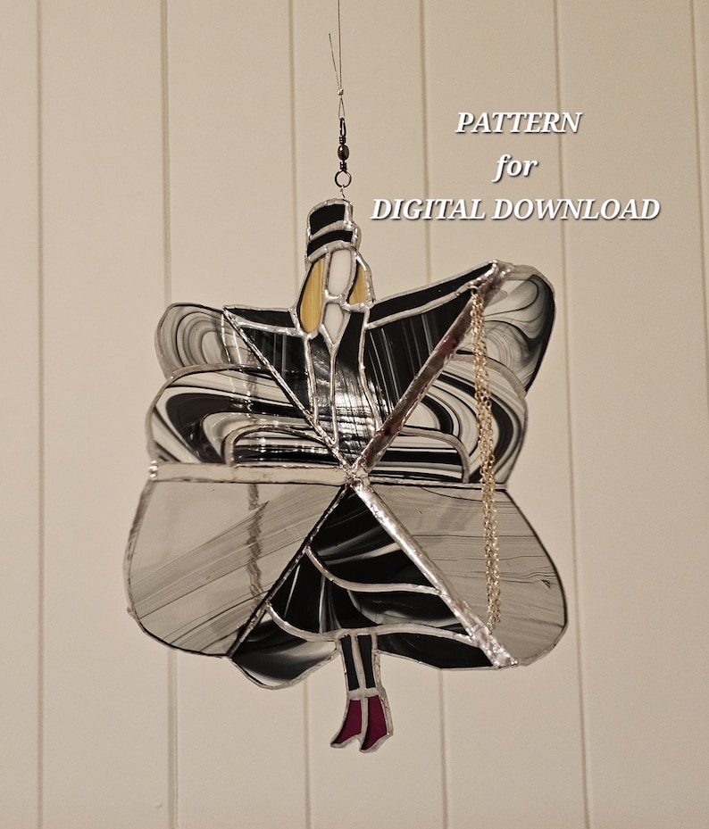 May include: Stained glass art piece in the shape of a figure, with black and white swirling patterns and accents. The figure has a black hat, a yellow face, and magenta shoes. Text reads "PATTERN for DIGITAL DOWNLOAD".