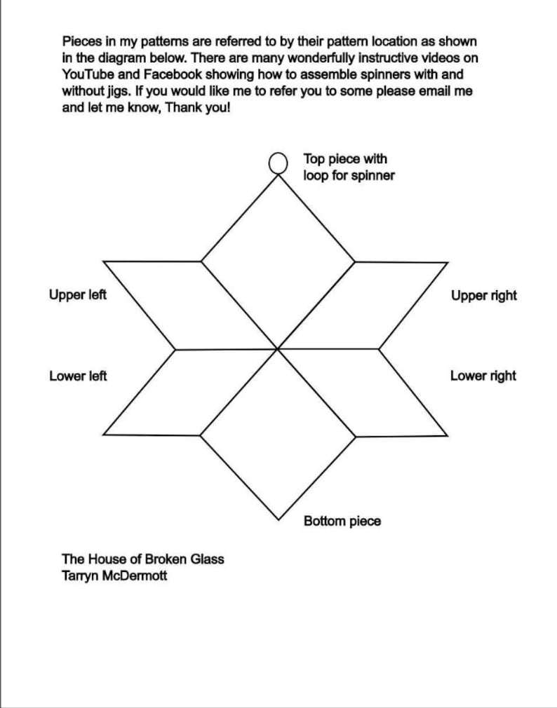 May include: Diagram of a star-shaped pattern with labeled sections: Upper Left, Upper Right, Lower Left, Lower Right, Top piece with loop for spinner, and Bottom piece. Text includes instructions and contact information for The House of Broken Glass.
