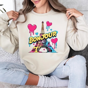 Bonjour Eiffel Tower Sweatshirt, Paris Graphic Jumper, French Inspired Pullover, Travel Lover Gift, Unisex Crewneck Top
