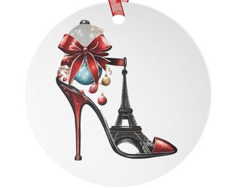 Adorno metálico de tacón de aguja con lazo de la Torre Eiffel / Decoración navideña de moda parisina