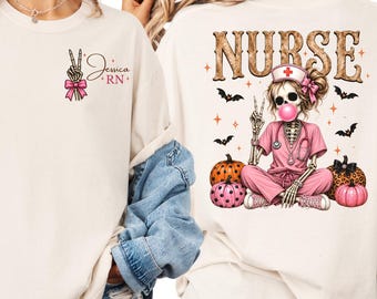 Personalized Halloween Nurse Shirt, Custom Spooky Skeleton Nurse Tee, Pink RN Halloween Gift, Fall Nursing Shirt, Comfort Colors® Tee