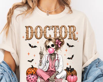 Doctor Halloween Shirt, Spooky Skeleton Doctor Tee, Pink Doctor Halloween Shirt, Fall Physician Gift, Cute Comfort Colors Medical Tee