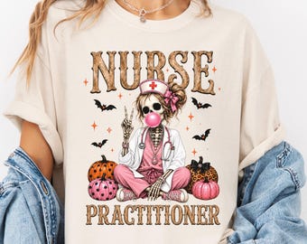Nurse Practitioner Halloween Shirt, Spooky Skeleton NP Tee, Pink Nurse Practitioner Shirt, Fall Nursing Gift, Cute Comfort Colors Tee