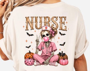 Halloween Nurse Shirt, Spooky Skeleton Nurse Tee, Pink Nurse Halloween Shirt, RN Nurse Gift, Fall Nursing Shirt, Comfort Colors Tee