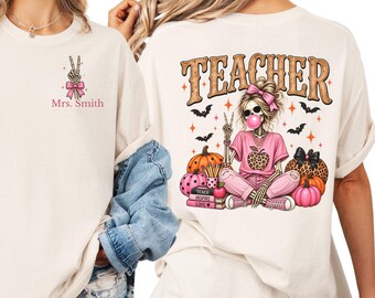 Personalized Halloween Teacher Shirt, Spooky Skeleton Teacher Tee, Custom Name Fall Teacher Gift, Comfort Colors® Cute Classroom Shirt