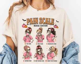 Halloween Nurse Pain Scale Shirt, Funny Skeleton Nurse Tee, Spooky Nursing Gift, Registered Nurse Shirt, Comfort Colors® Halloween Top