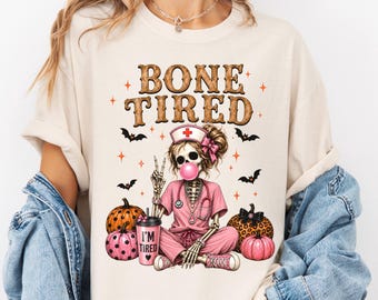 Halloween Nurse Shirt, Spooky Skeleton Nurse Tee, Pink Nurse Halloween Shirt, RN Nurse Gift, Fall Nursing Shirt, Comfort Colors Tee